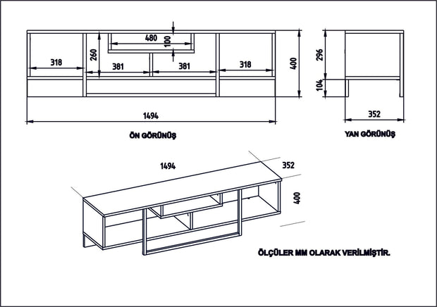 Comoda TV din pal si metal, Asal 150 Alb / Negru / Stejar, l119,4xA35,2xH40,2 cm (3)