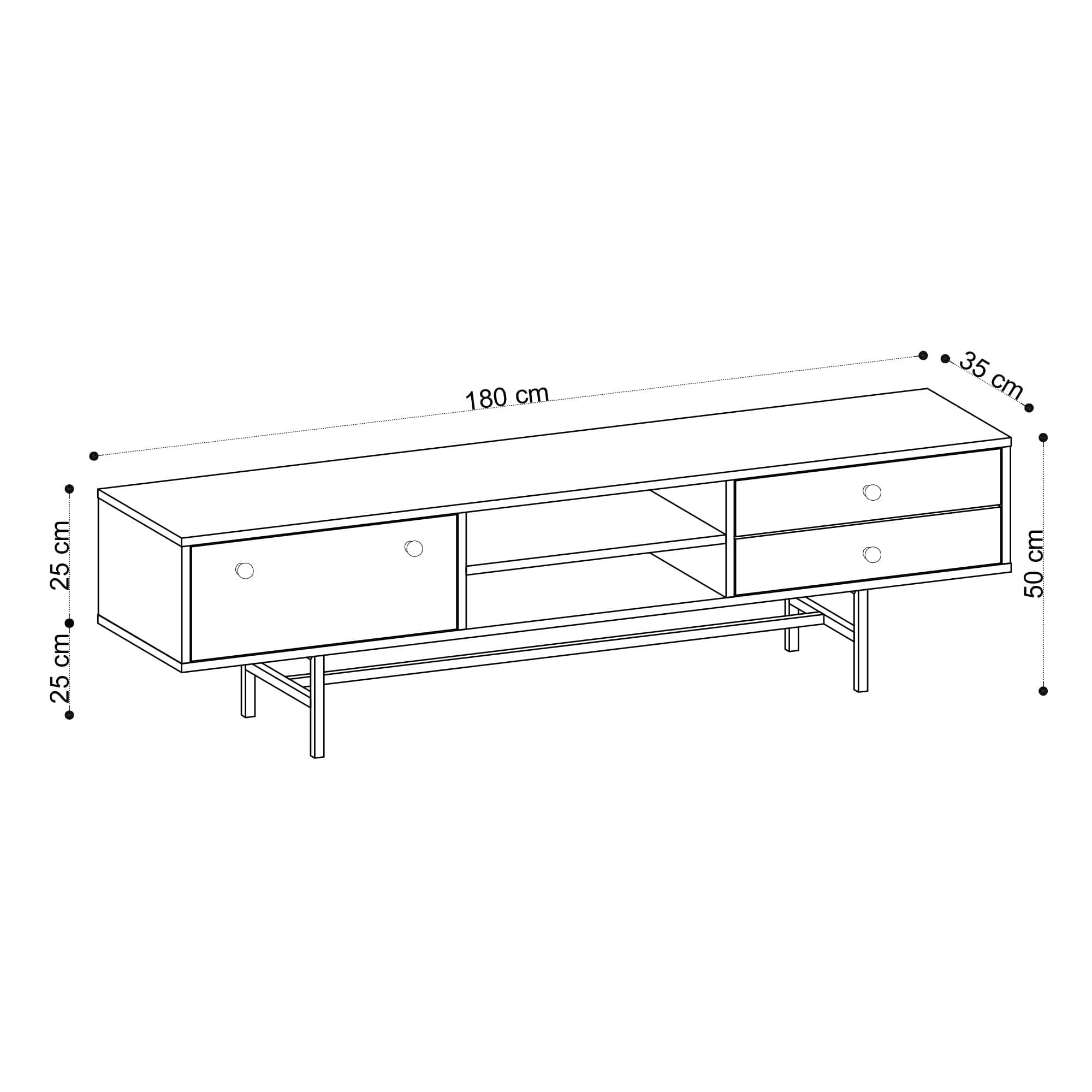 Comoda TV din pal si metal, cu 2 sertare si 1 usa, Owen Stejar / Negru, l180xA35xH50 cm (3)