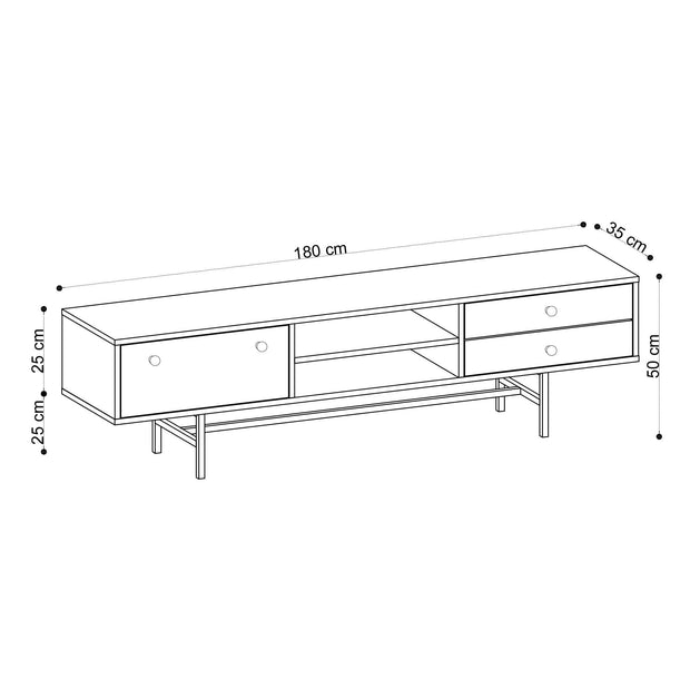 Comoda TV din pal si metal, cu 2 sertare si 1 usa, Owen Stejar / Negru, l180xA35xH50 cm (3)