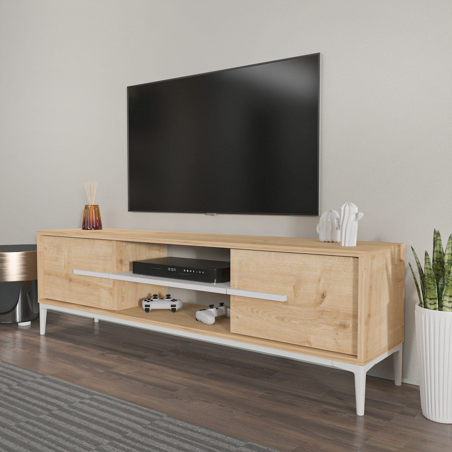Comoda TV din pal si metal, cu 2 usi, Eslem Stejar / Alb, l120xA29,6xH43,6 cm - SomProduct Romania