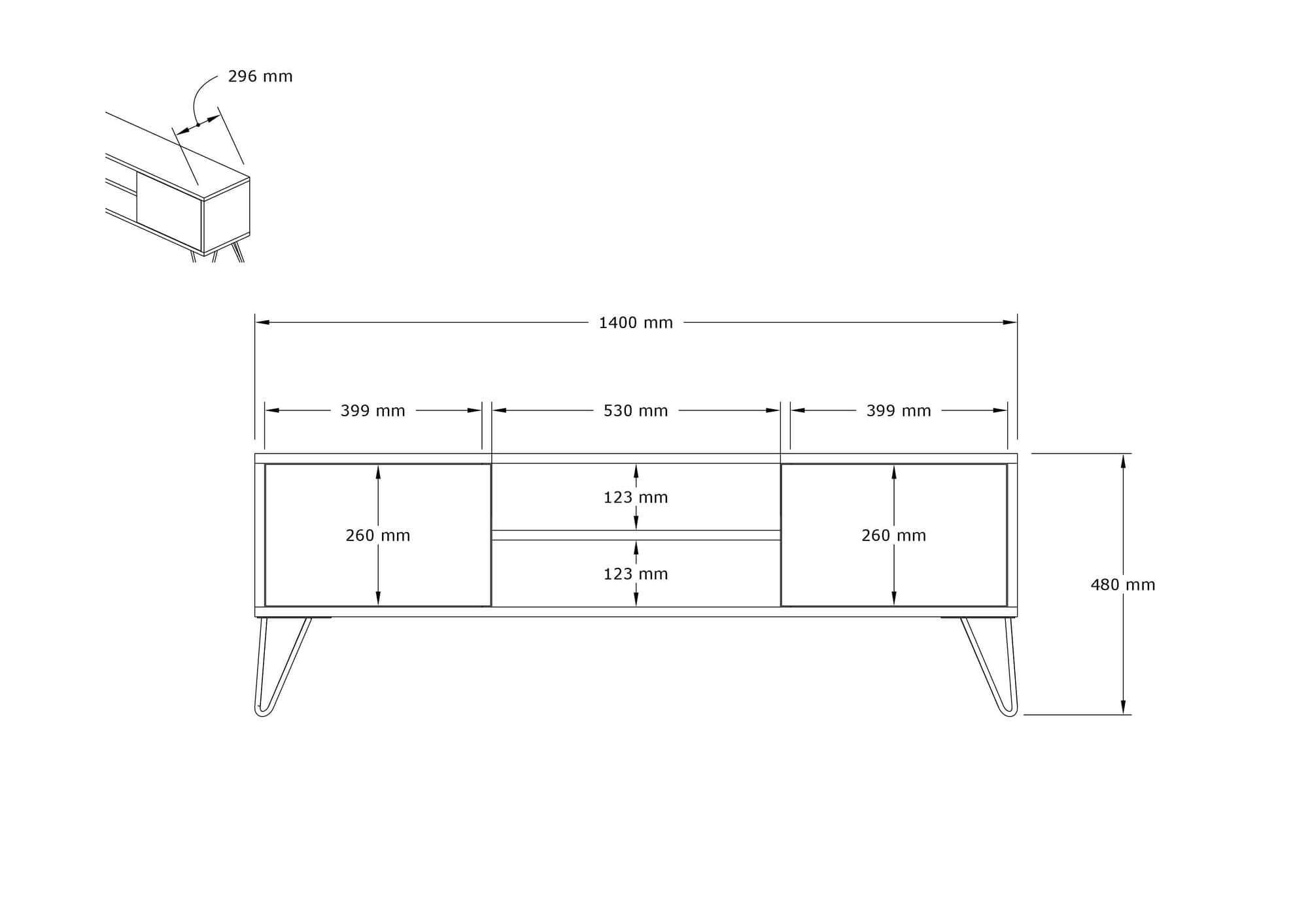 Comoda TV din pal si metal, cu 2 usi, Eva Nuc / Alb, l140xA30xH50 cm (3)