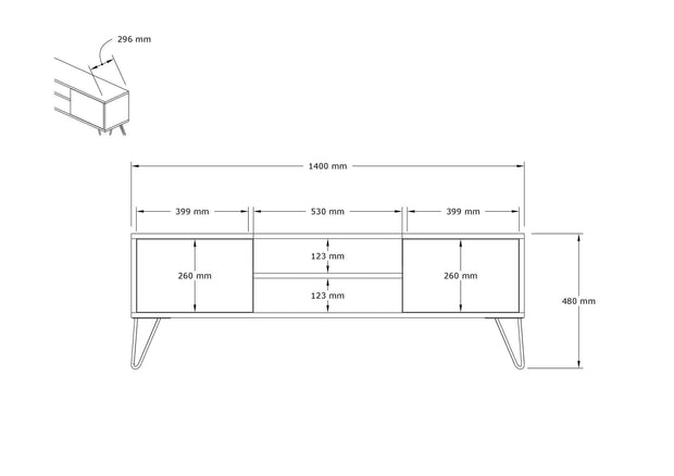 Comoda TV din pal si metal, cu 2 usi, Eva Nuc / Alb, l140xA30xH50 cm (3)