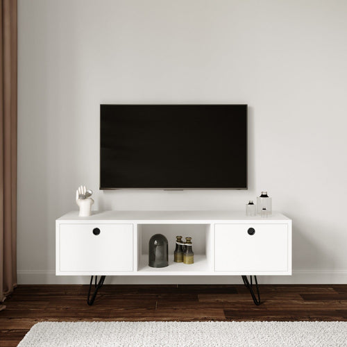 Comoda TV din pal si metal, cu 2 usi, Yaren Alb, l120xA35xH50 cm - SomProduct Romania