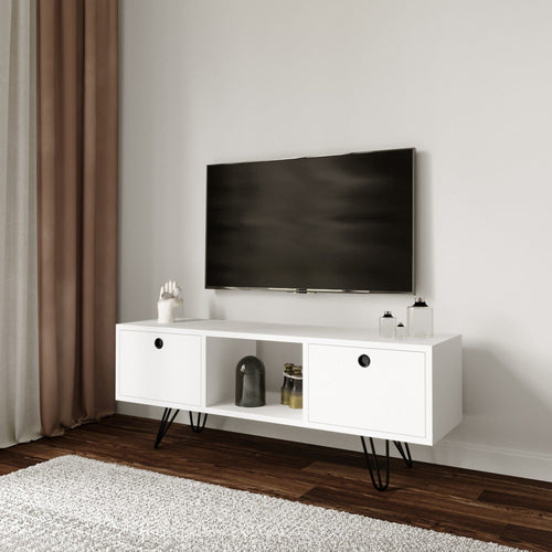 Comoda TV din pal si metal, cu 2 usi, Yaren Alb, l120xA35xH50 cm - SomProduct Romania