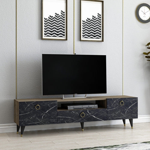 Comoda TV din pal si metal, cu 3 usi, Cavelli Nuc / Negru, l150xA31,3xH45 cm - SomProduct Romania