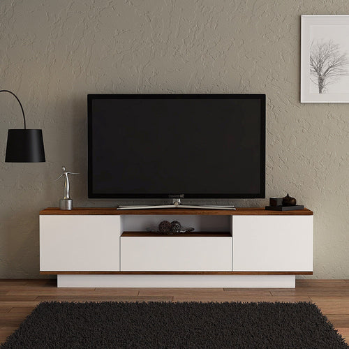 Comoda TV din pal si metal, cu 3 usi, Stand Nuc / Alb, l160xA30xH45 cm - SomProduct Romania