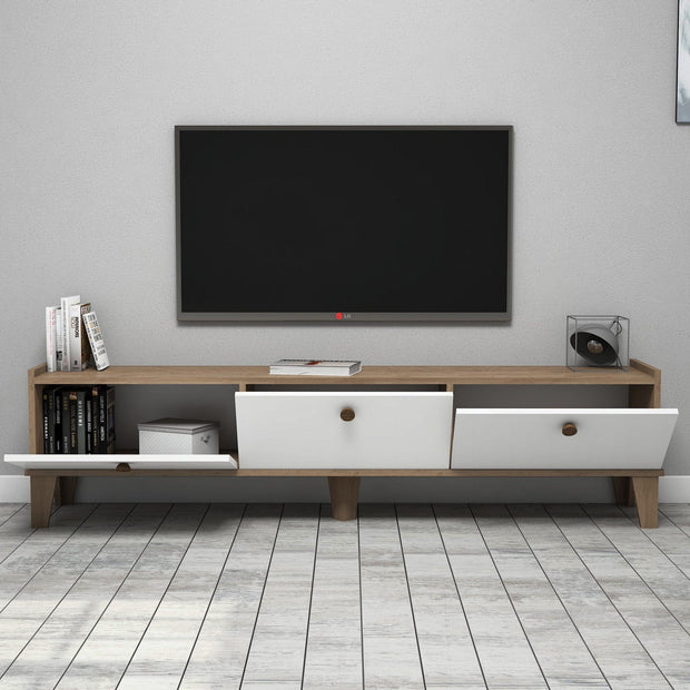 Comoda TV din pal si metal, cu 3 usi, Sumer E3620 Stejar / Alb, l178xA34,6xH44,8 cm - SomProduct Romania