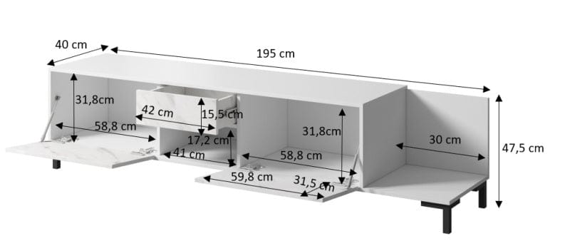 Comoda TV din pal si plastic, cu 1 sertar si 2 usi Marmo Alb / Negru, l200xA45xH80,5 cm (3)