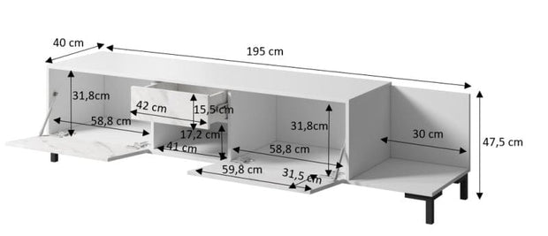 Comoda TV din pal si plastic, cu 1 sertar si 2 usi Marmo Alb / Negru, l200xA45xH80,5 cm (3)