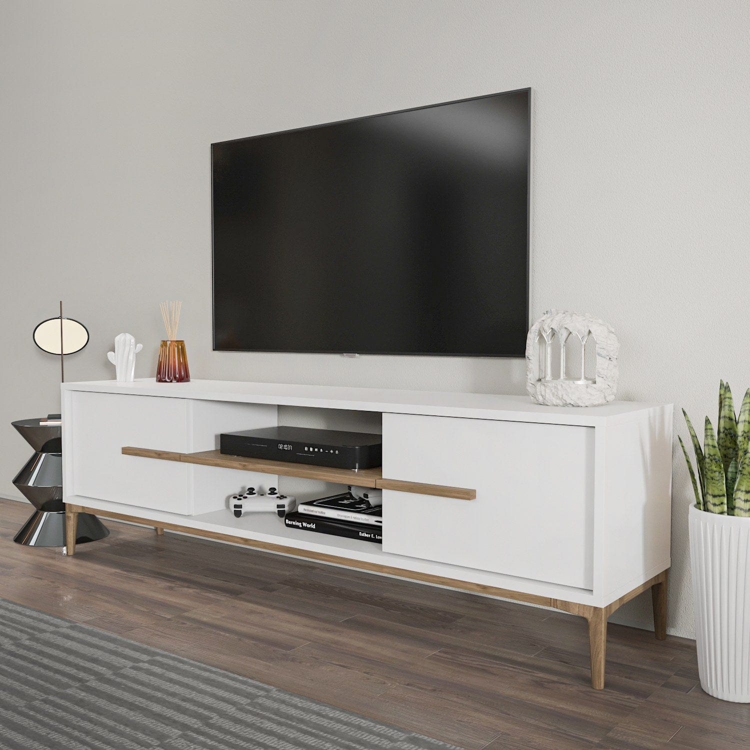 Comoda TV din pal si plastic, cu 2 usi, Eslem Alb / Nuc, l120xA29,6xH43,6 cm - SomProduct Romania