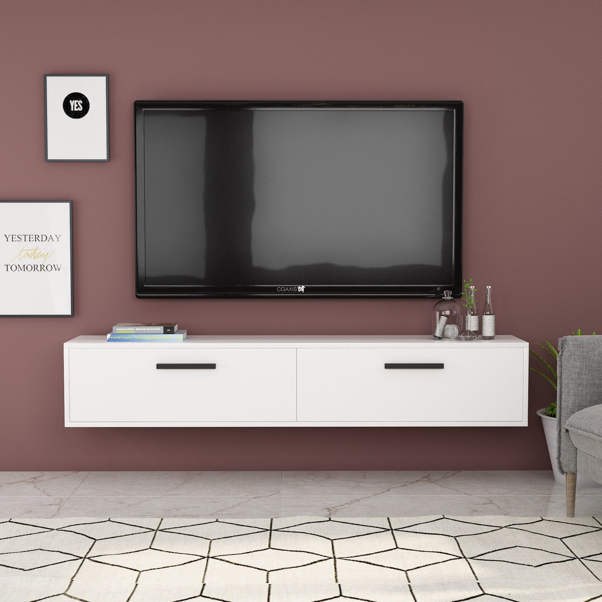 Comoda TV din pal si plastic, cu 2 usi, Inel Alb, l150xA29,6xH45 cm - SomProduct Romania