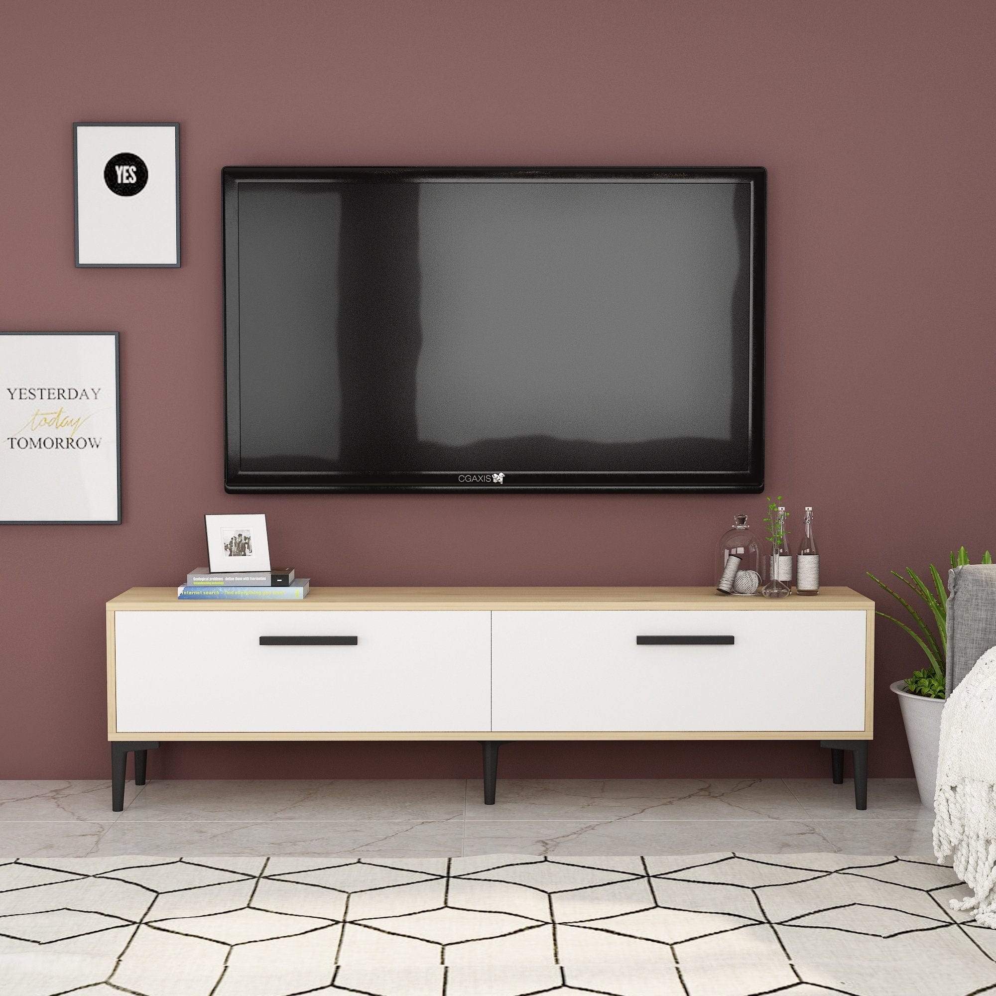 Comoda TV din pal si plastic, cu 2 usi, Inel Stejar Sapphire / Alb, l150xA29,6xH45 cm - SomProduct Romania