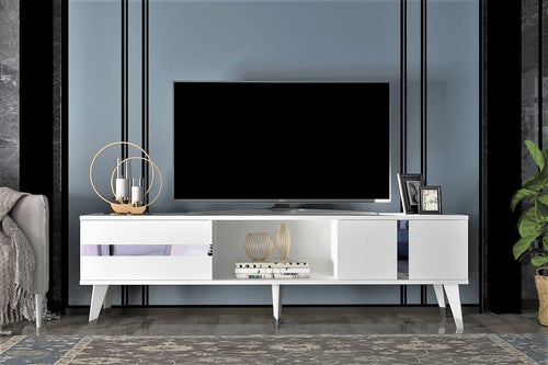Comoda TV din pal si plastic, cu 2 usi, Vania Alb / Argintiu, l150xA50xH29,6 cm - SomProduct Romania