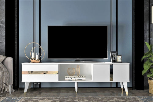 Comoda TV din pal si plastic, cu 2 usi, Vania Auriu / Alb, l150xA50xH29,6 cm - SomProduct Romania