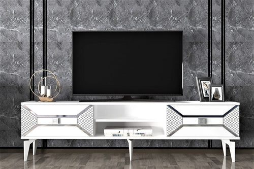 Comoda TV din pal si plastic, cu 2 usi, Yumedi Alb / Argintiu, l150xA30xH50 cm - SomProduct Romania