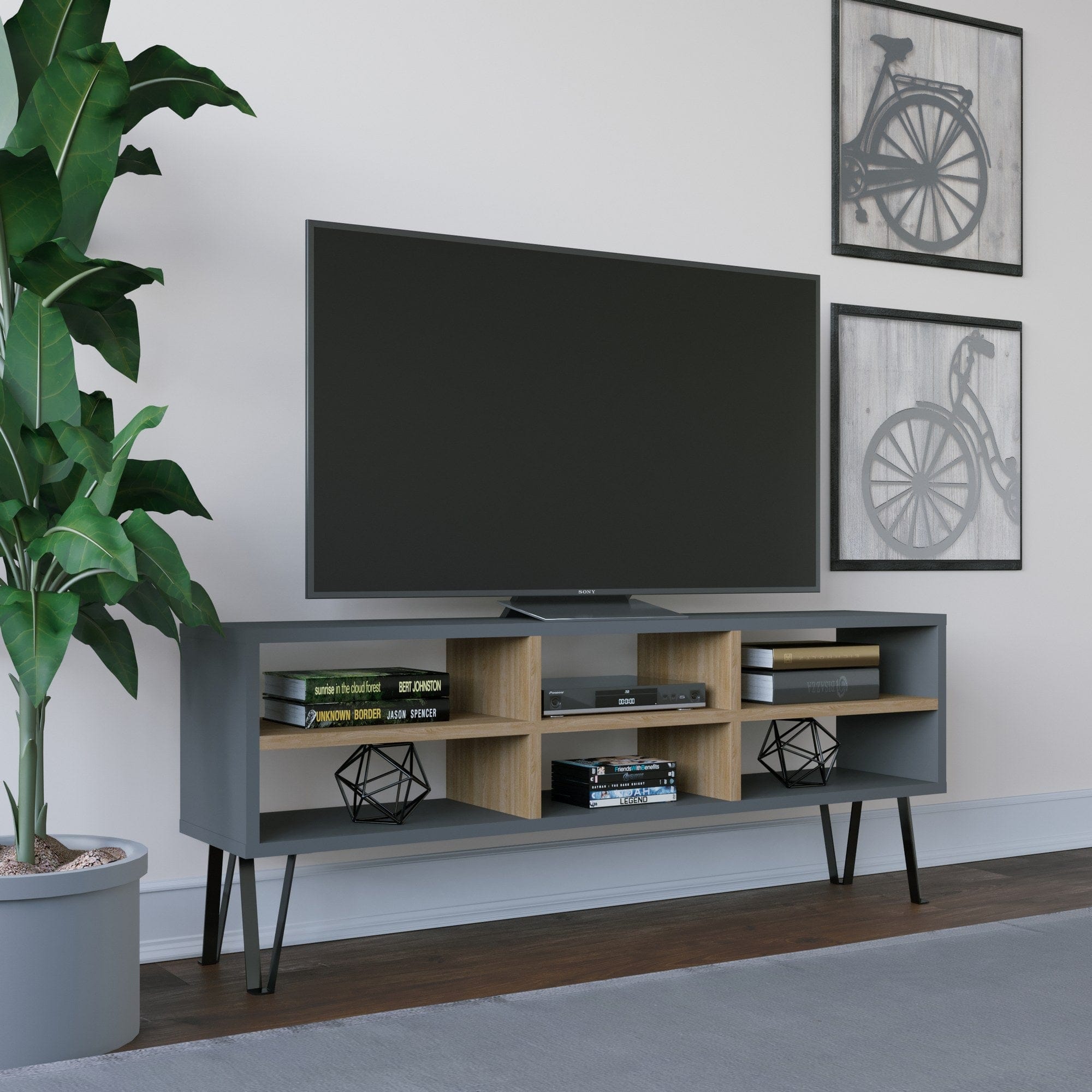 Comoda TV din pal si plastic, Judd Antracit / Stejar, l120xA25xH46,6 cm - SomProduct Romania