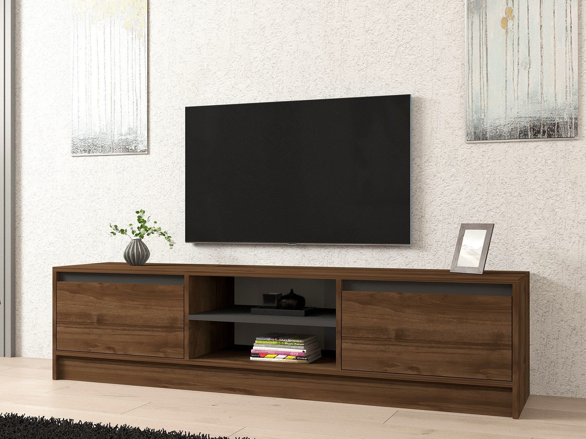 Comoda TV din pal si PVC, cu 2 usi, Olca Nuc / Antracit, l180xA40xH45 cm