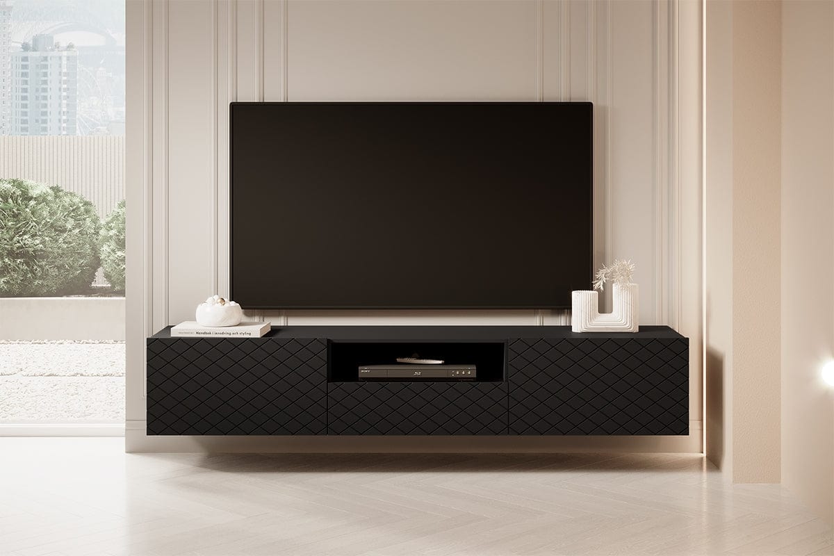 Bogart Comoda TV suspendata din pal si MDF, cu 1 sertar si 2 usi, Scalia 190-2K1SZ Negru, l190xA42xH34 cm