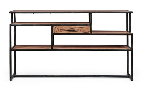Bizzotto Consola din lemn de salcam si metal, cu 1 sertar, Egon Natural / Negru, l130xA35xH74 cm