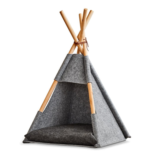 Cort de joaca pentru pisici, din pasla si lemn, Tipi Cat Gri, L44xl42xH45-68 cm