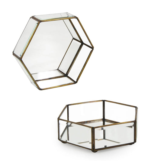 Cutie pentru depozitare cu capac, din sticla si metal Hexagonal Large Transparent / Alama, L20xl17xH6 cm