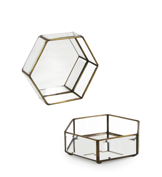 Cutie pentru depozitare cu capac, din sticla si metal Hexagonal Small  Transparent / Alama, L16xl14xH6 cm