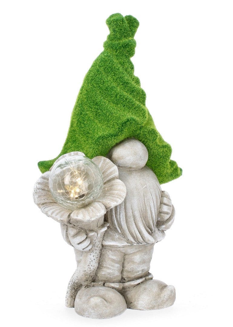 Decoratiune de gradina, din magnesia, cu incarcare solara, Standing Flower Garden Gnome With LED Gri / Verde, L28xl20xH46 cm