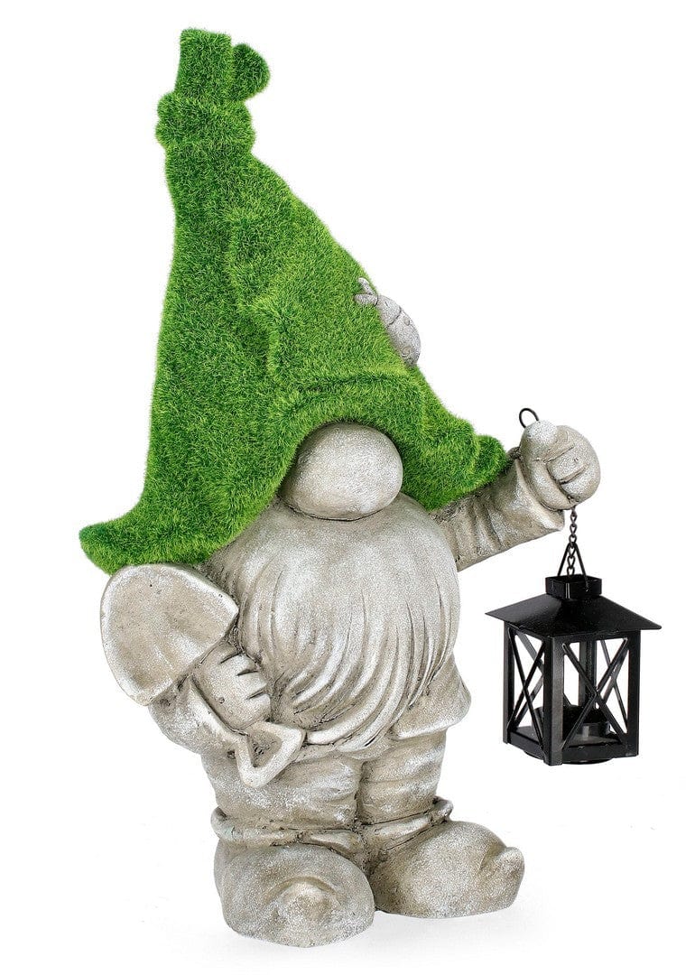 Decoratiune de gradina, din magnesia, Standing Garden Gnome With Lantern Gri / Verde, L28xl20xH46 cm