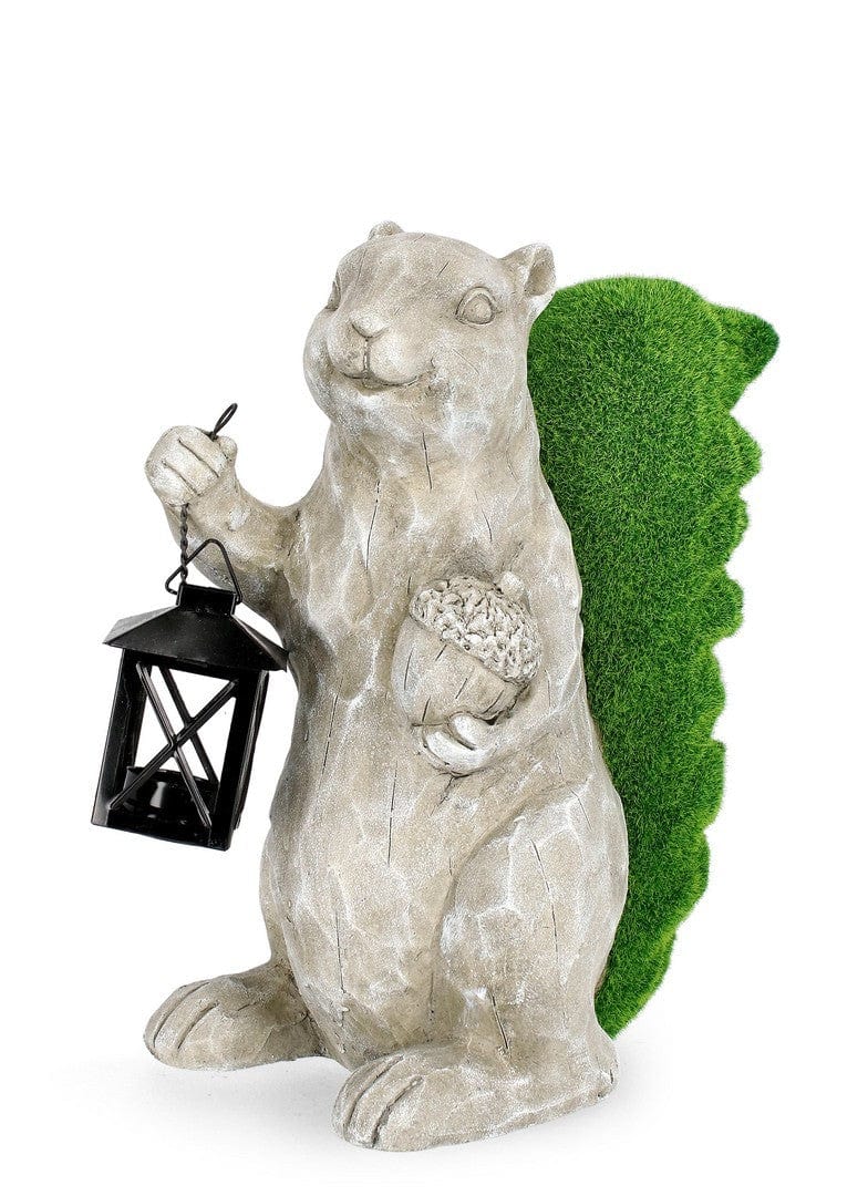 Decoratiune de gradina, din magnesia, Standing Garden Squirrel With Lantern Gri / Verde, L26xl18,5xH35 cm