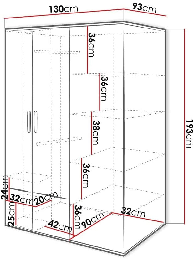 Dulap Pok 00L Gri/Alb/Grafit, cu 2 Usi pe Stanga, din Pal, cu 6 Rafturi, 2 Sine, Oglinda si Led Inclus, pentru Copii/Tineret, l130xA93xH193 cm (3)