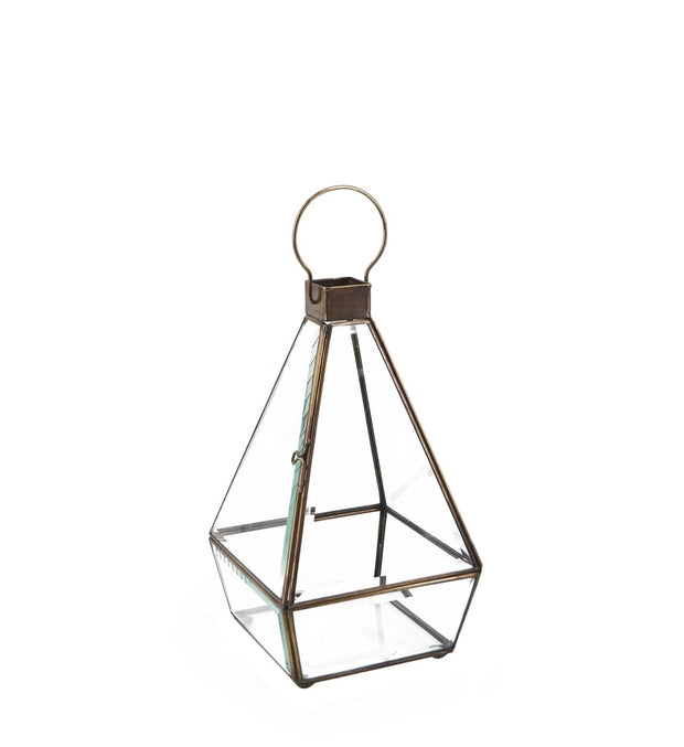 Felinar decorativ din sticla si metal, Pyramid Bezel Large Transparent / Alama, L16xl16xH28 cm