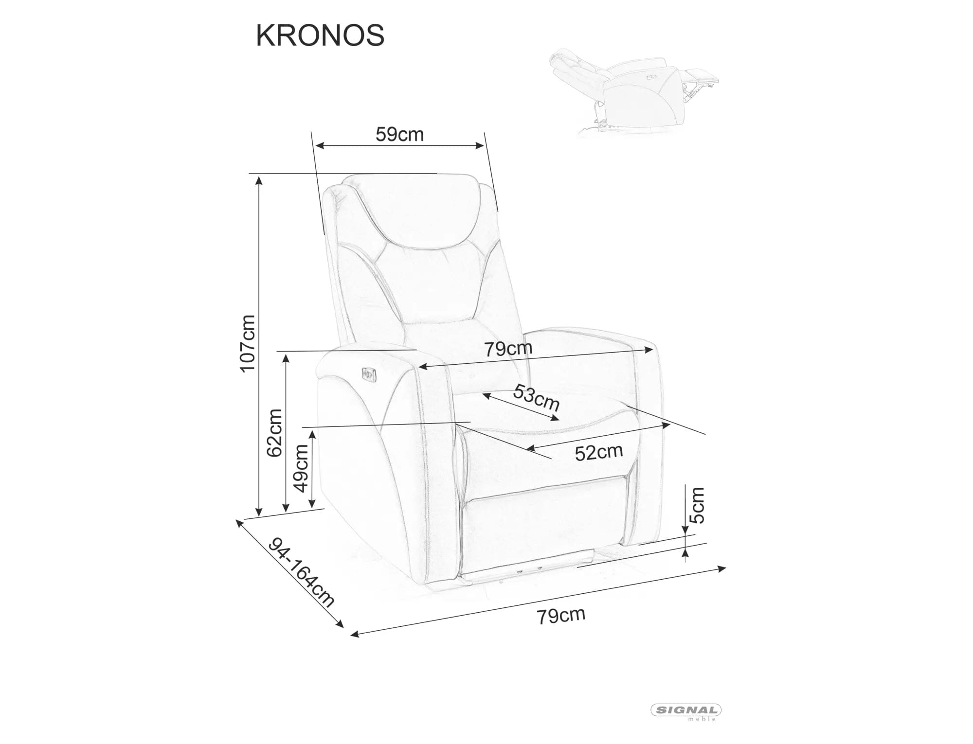 Fotoliu Recliner cu mecanism electric, tapitat cu stofa, Kronos Gri / Negru, l79xA94xH107 cm (1)