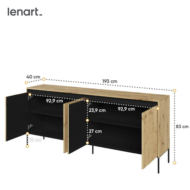 Comoda din MDF si metal, cu 4 usi si LED inclus, Trend TR-04 V2 Stejar Artisan / Negru, l193xA40xH83 cm (3)