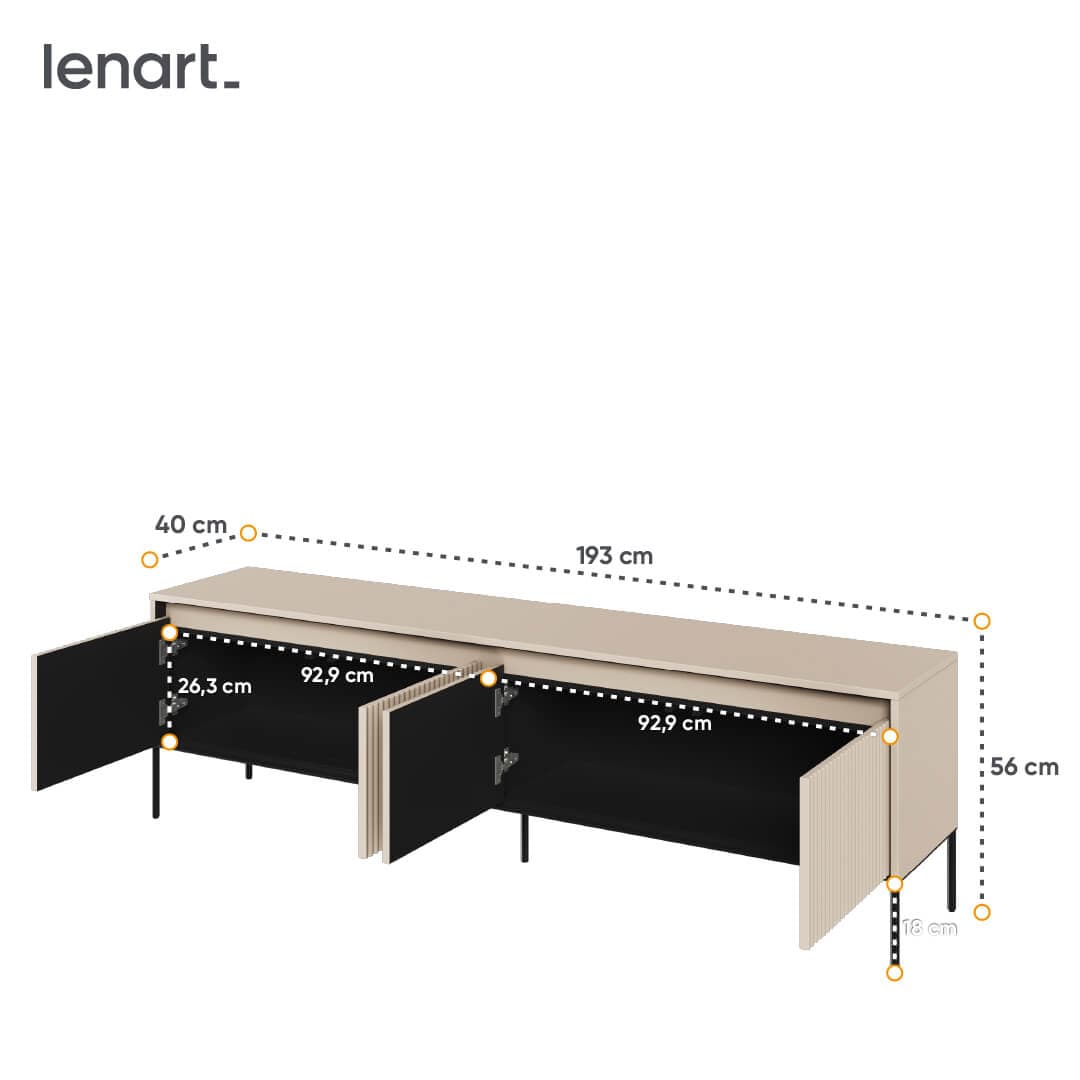 Comoda TV din MDF, pal si metal, cu 4 usi si LED inclus, Trend TR-06 Bej / Negru, l193xA40xH56 cm (3)