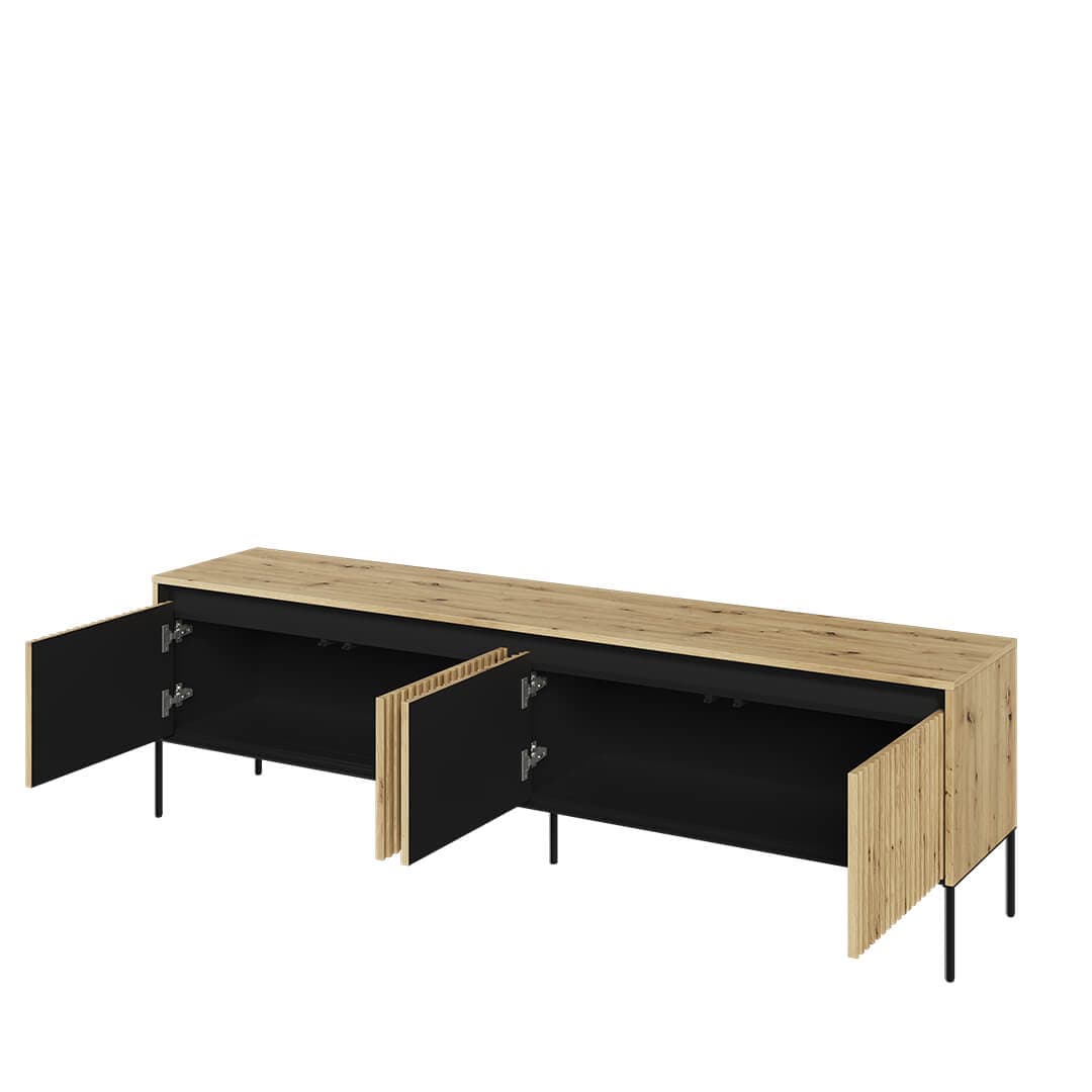 Comoda TV din MDF, pal si metal, cu 4 usi si LED inclus, Trend TR-06 Stejar Artisan / Negru, l193xA40xH56 cm (1)