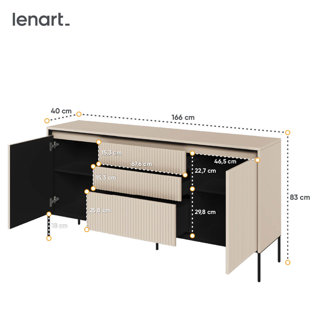 Comoda din MDF si metal, cu 3 sertare si 2 usi, cu LED inclus, Trend TR-01 V2 Bej / Negru, l166xA40xH83 cm (3)