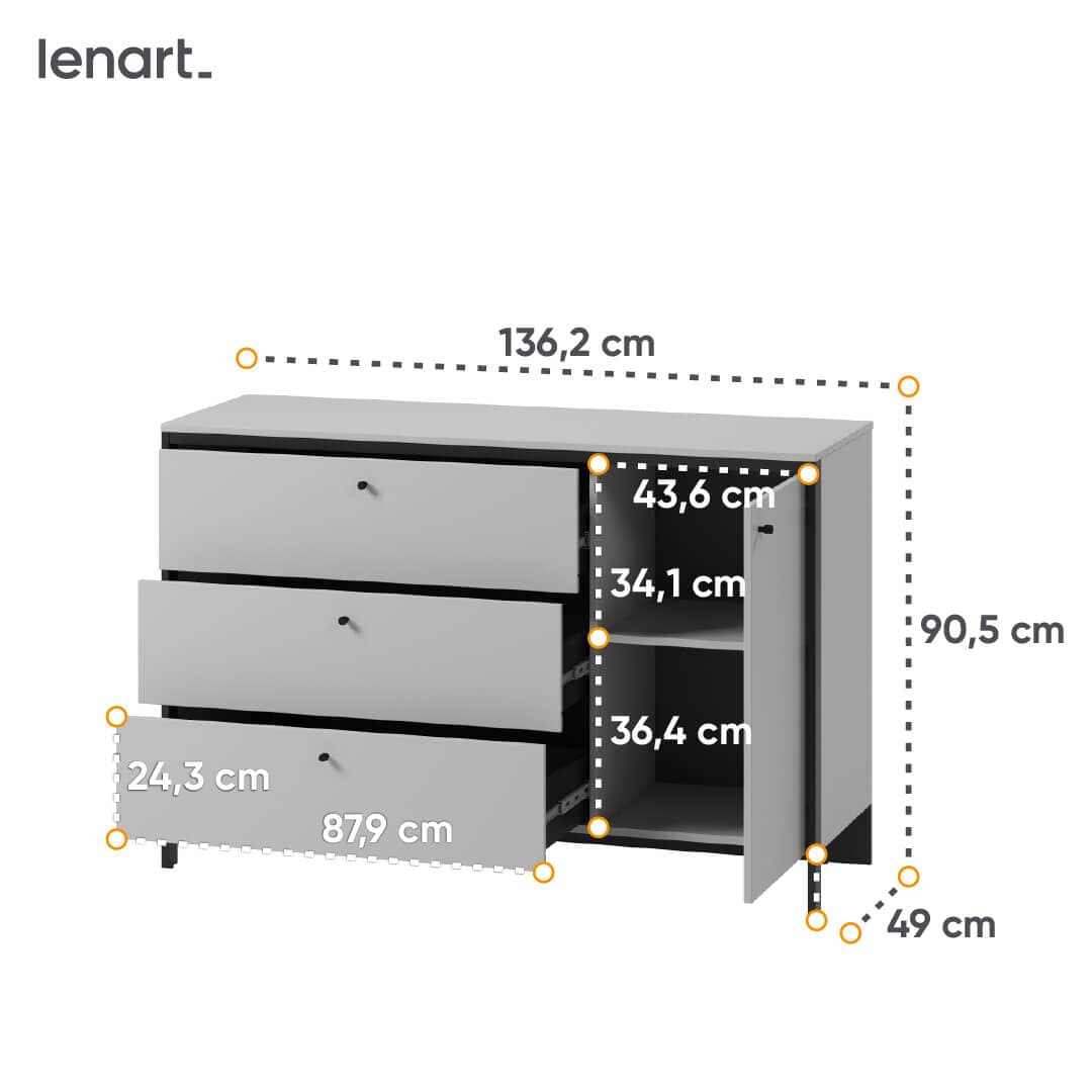 Comoda din pal si MDF, cu 3 sertare si 1 usa, cu LED inclus, Gris GS-04 Gri / Negru, l136xA49xH91 cm (3)