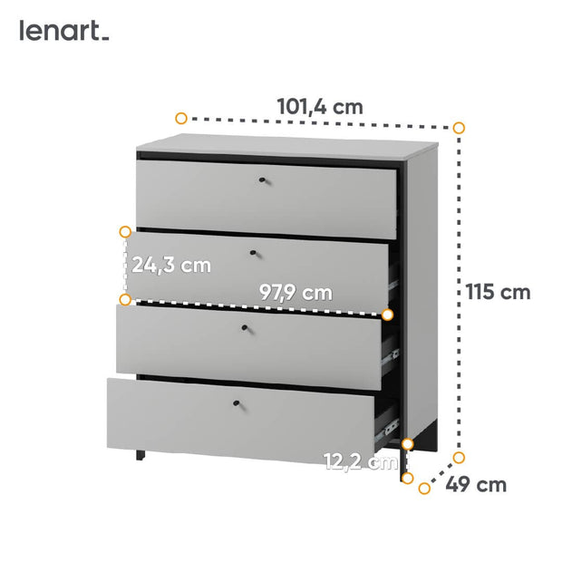 Comoda din pal si MDF, cu 4 sertare si LED inclus, Gris GS-03 Gri / Negru, l101xA49xH115 cm (3)