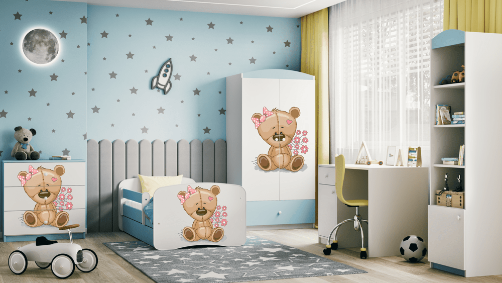 Pat din pal, cu 1 sertar, pentru copii, Teddybear Flowers IV Albastru / Alb (6)