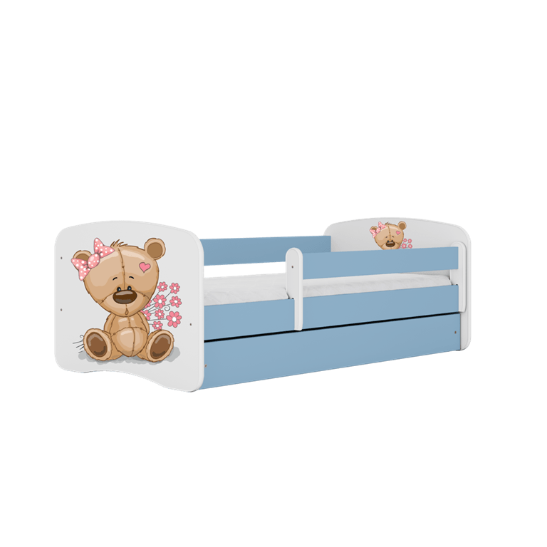 Pat din pal, cu 1 sertar, pentru copii, Teddybear Flowers IV Albastru / Alb