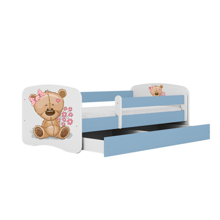 Pat din pal, cu 1 sertar, pentru copii, Teddybear Flowers IV Albastru / Alb (1)