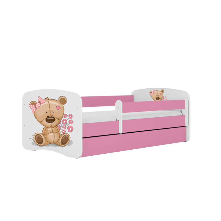 Pat din pal, cu 1 sertar, pentru copii, Teddybear Flowers IV Roz / Alb