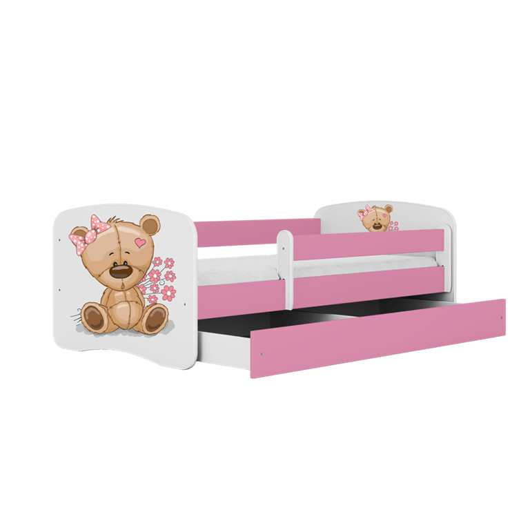 Pat din pal, cu 1 sertar, pentru copii, Teddybear Flowers III Roz / Alb (1)