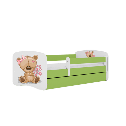 Pat din pal, cu 1 sertar, pentru copii, Teddybear Flowers III Verde / Alb