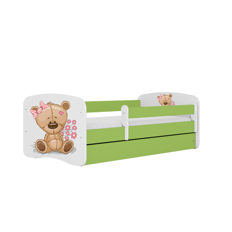 Pat din pal, cu 1 sertar, pentru copii, Teddybear Flowers IV Verde / Alb