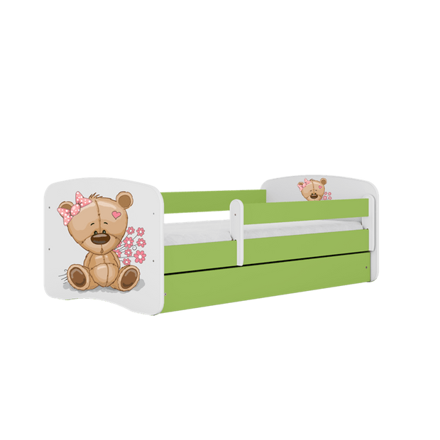 Pat din pal, cu 1 sertar, pentru copii, Teddybear Flowers IV Verde / Alb