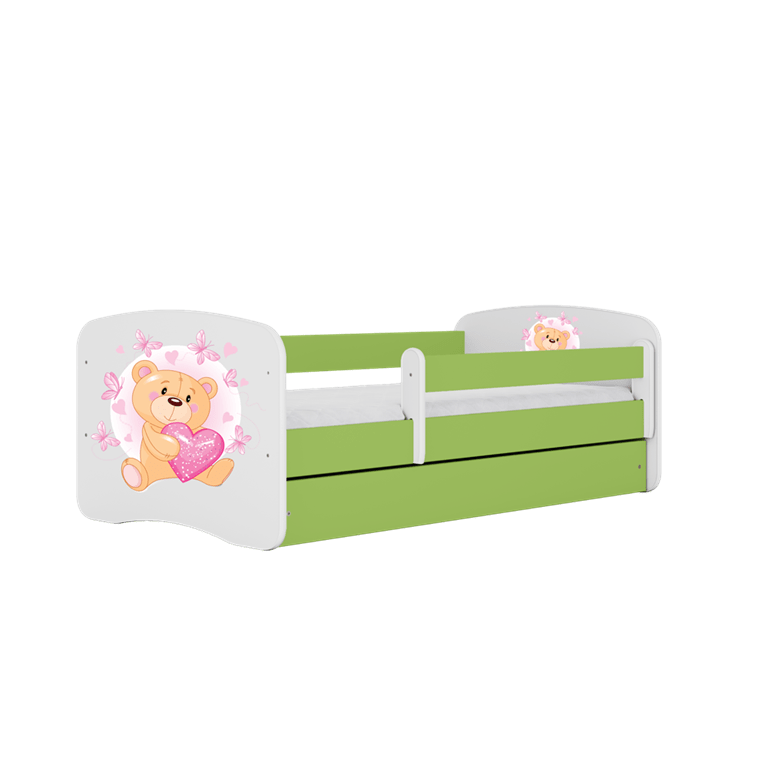 Pat din pal, cu 1 sertar, pentru copii, Teddybear Butterflies IV Verde / Alb