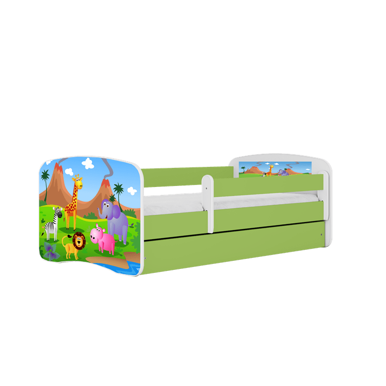 Pat din pal, cu 1 sertar, pentru copii, Safari IV Verde / Alb