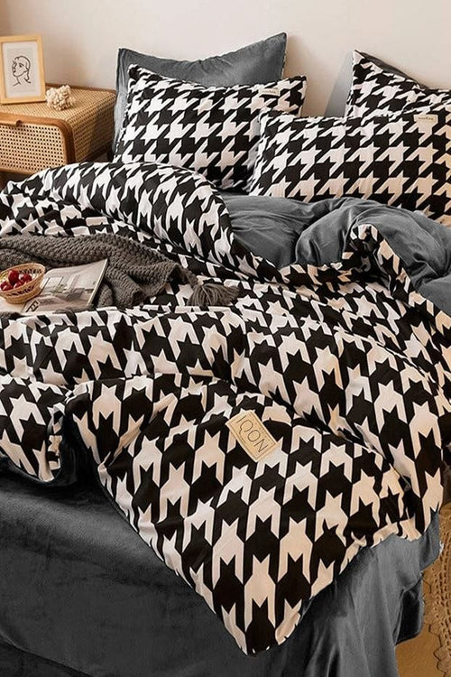 Hillkar Global Lenjerie de pat din bumbac Ranforce, Houndstooth Gri / Negru / Alb, 160 x 220 cm