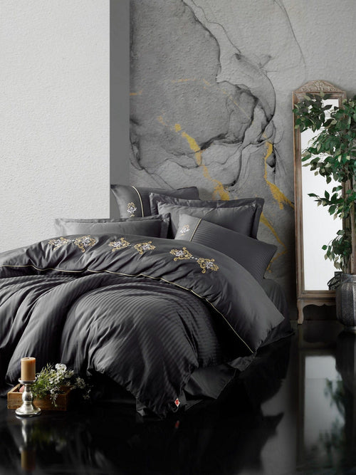 Asir Lenjerie de pat din bumbac Satinat King Antracit / Galben, 200 x 220 cm